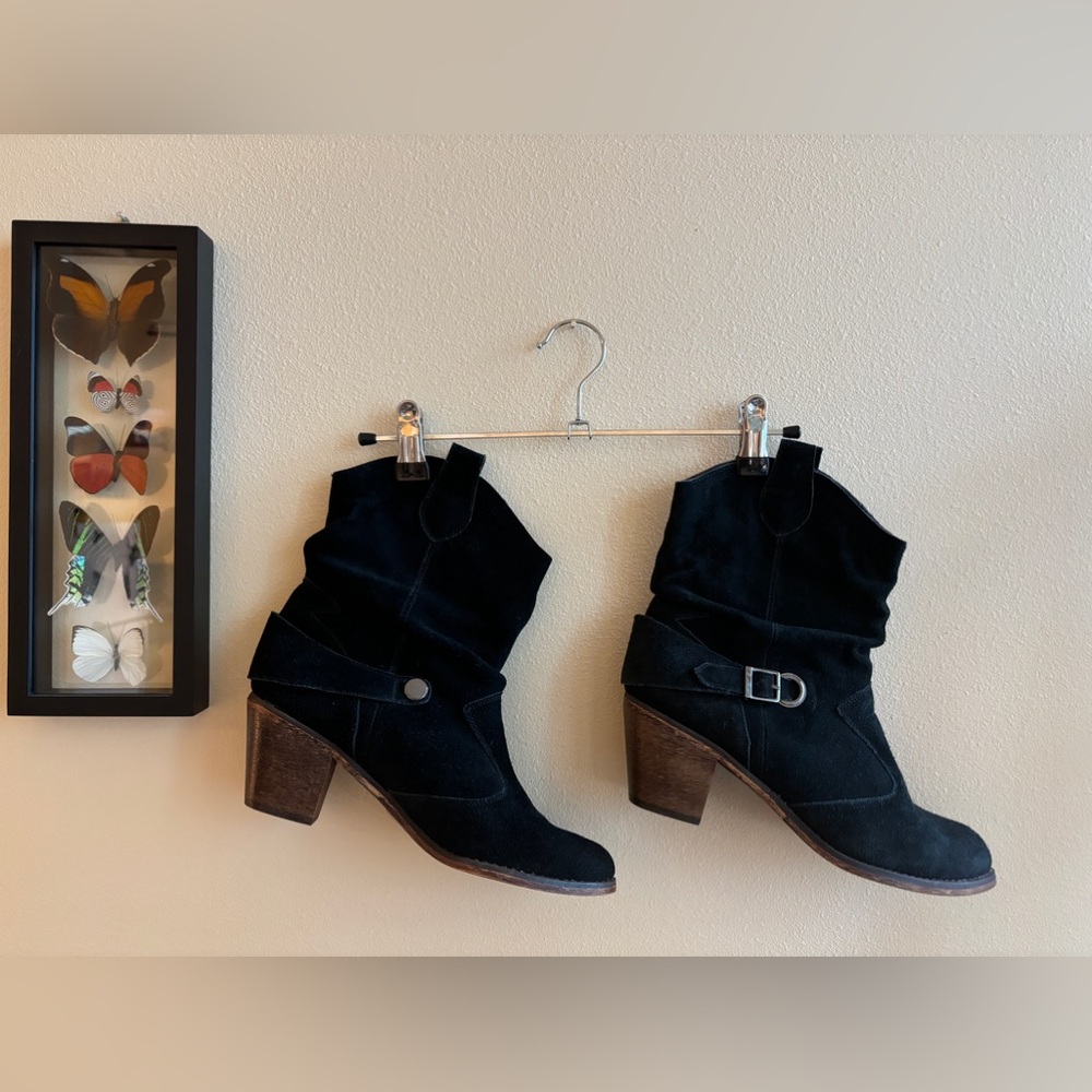 Cowboy 🤠 Ankle Boots, Black Suede Leather Booties, 2.5” heel